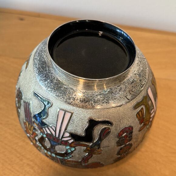 Vintage Miguel Pineda Champleve Enamel Bowl Vase Neo Mayan Mexico Silver Plated - Picture 5 of 7
